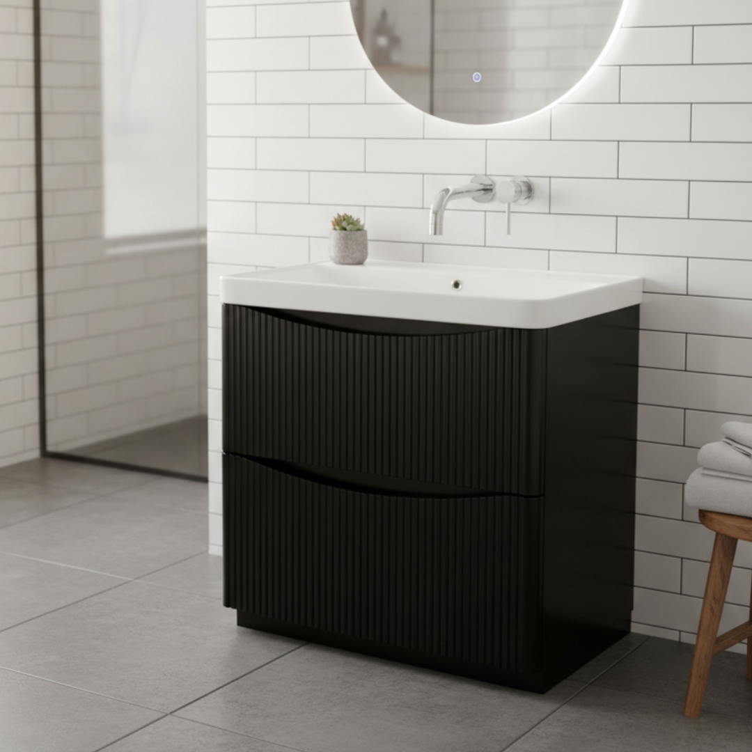 Happi Full Fluted 800mm Floor Standing Vanity Unit &amp; Basin With No Tap Holes - Black
