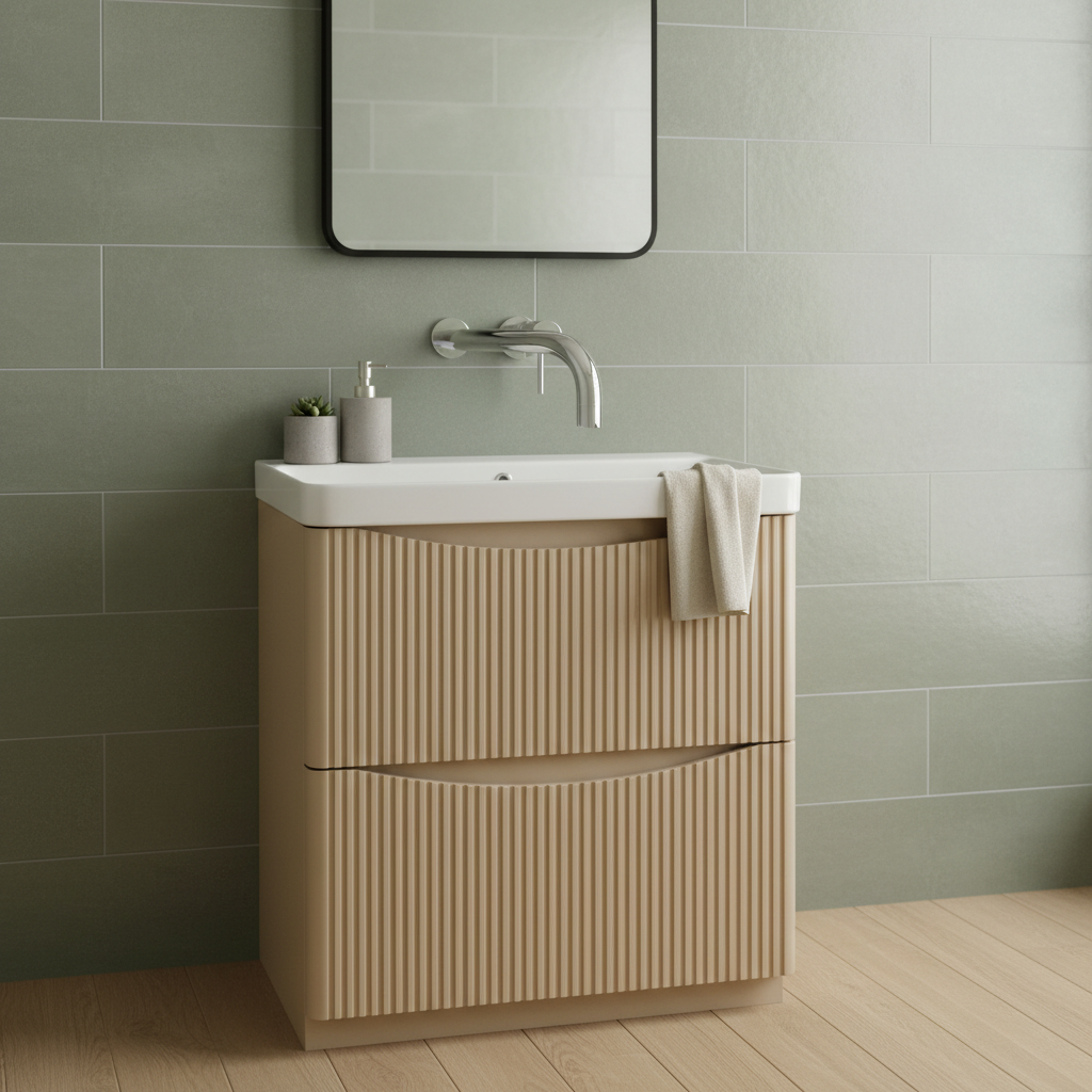 Happi Full Fluted 800mm Floor Standing Vanity Unit &amp; Basin With No Tap Holes - Sand