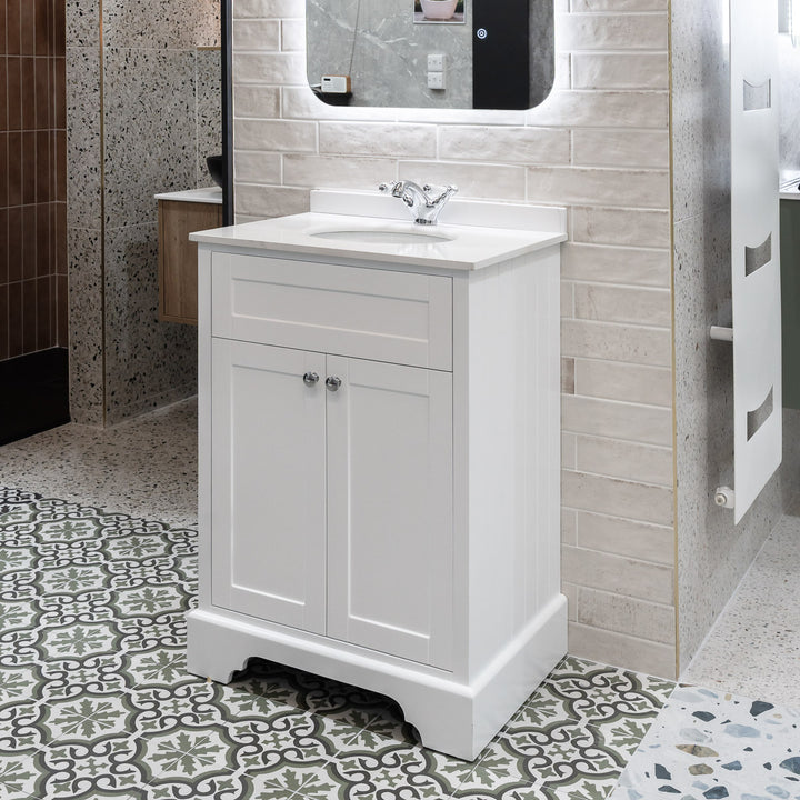 Kingsbury 600mm Traditional Floor Standing Vanity Unit With Marble Top And Undermount Bowl - White