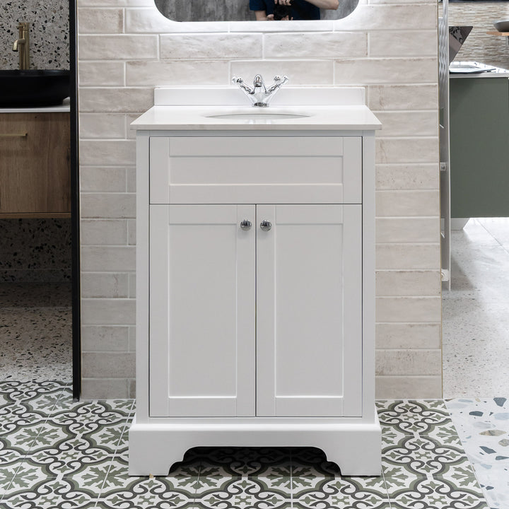 Kingsbury 600mm Traditional Floor Standing Vanity Unit With Marble Top And Undermount Bowl - White