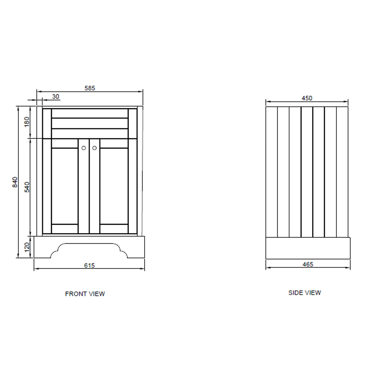 Kingsbury Traditional 600mm Floor Standing Vanity Unit and Basin - White - Technical drawing