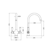 Nuie Cruciform Traditional Mono Kitchen Tap - Brushed Brass - Technical drawing