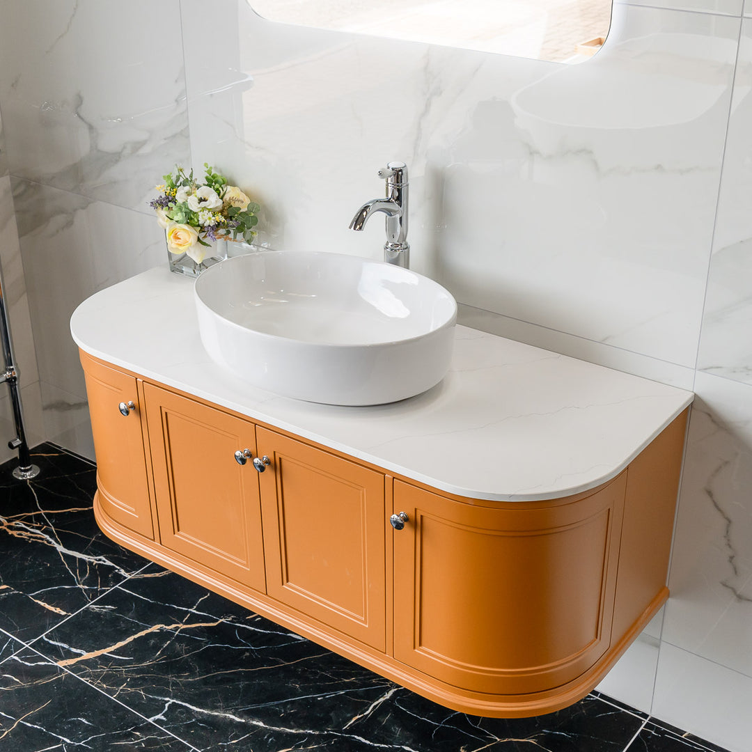 Kingsbury Classic Curved 1200mm Wall Hung Vanity Unit with Marble Worktop - Middle Buff