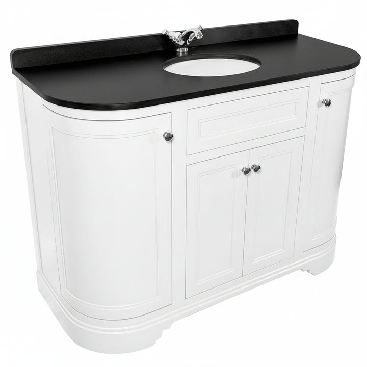 Kingsbury Classic Curved 1200mm Floor Standing Vanity Unit, Black Worktop &amp; Ceramic Basin - White