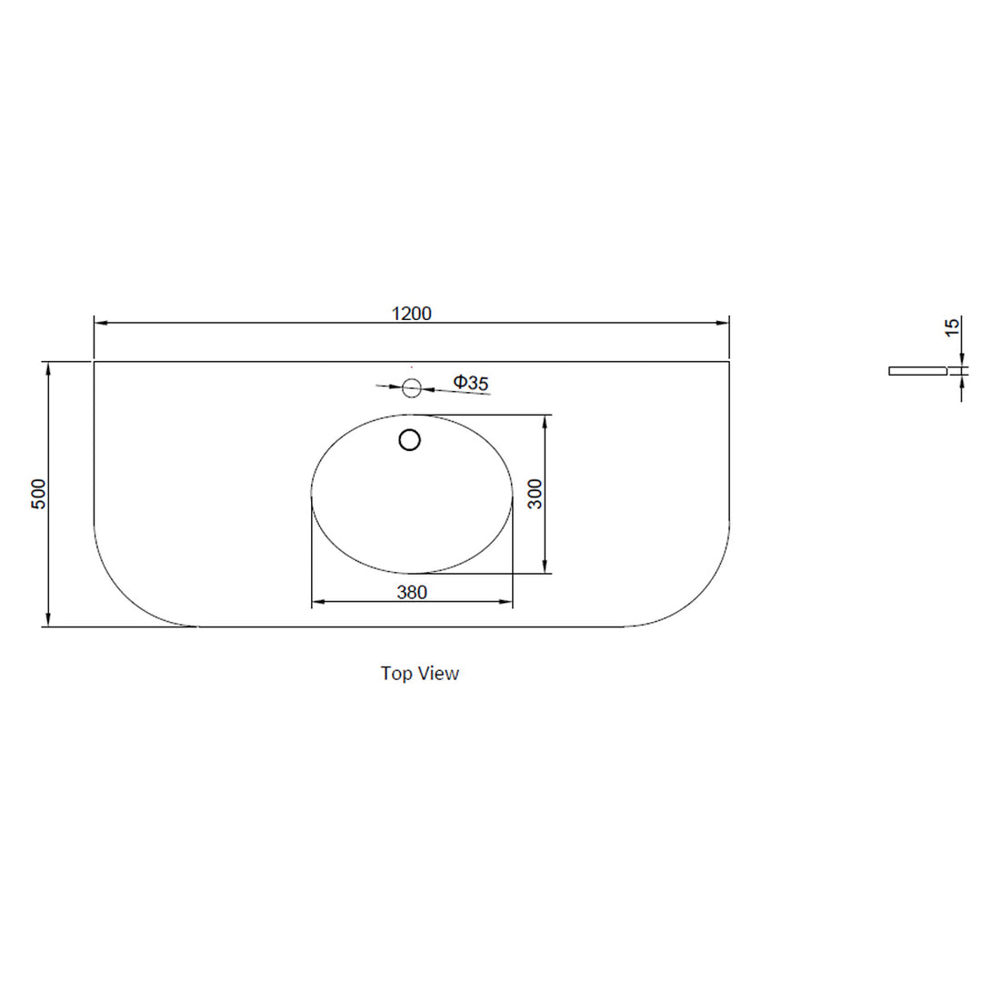Kingsbury Classic Curved 1200mm Marble Worktop Technical Drawing