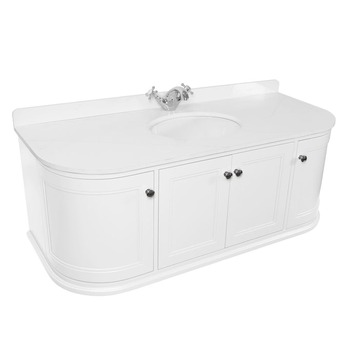 Kingsbury Classic Curved 1200mm Wall Hung Vanity Unit, Marble Worktop &amp; Ceramic Basin - White