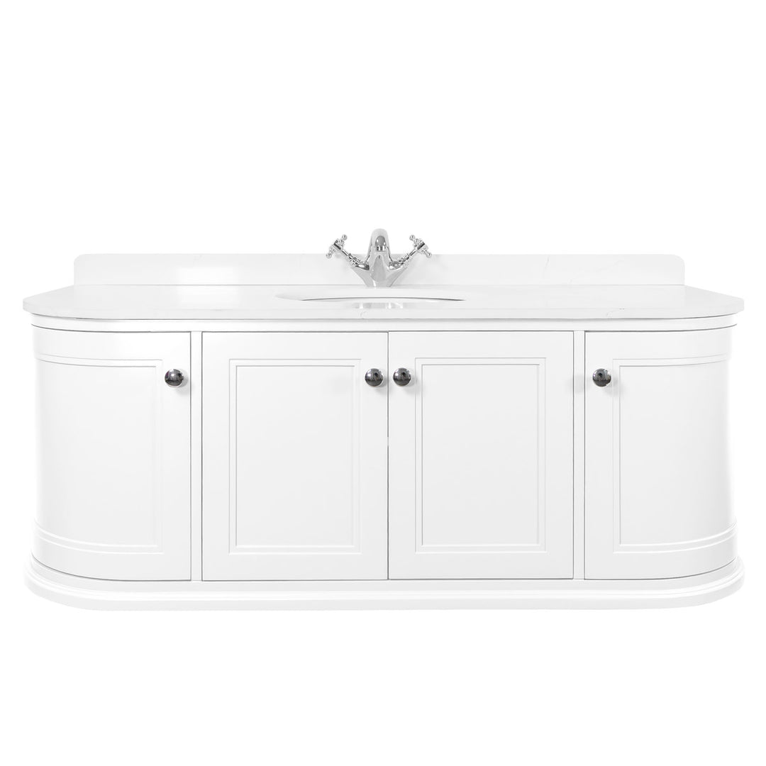 Kingsbury Classic Curved 1200mm Wall Hung Vanity Unit, Marble Worktop &amp; Ceramic Basin - White
