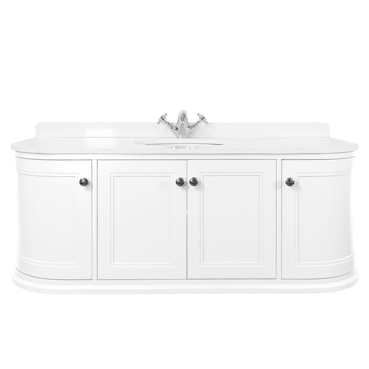 Kingsbury Classic Curved 1200mm Wall Hung Vanity Unit, Marble Worktop &amp; Ceramic Basin - White