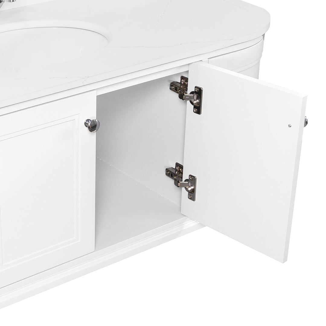 Kingsbury Classic Curved 1200mm Wall Hung Vanity Unit, Marble Worktop &amp; Ceramic Basin - White