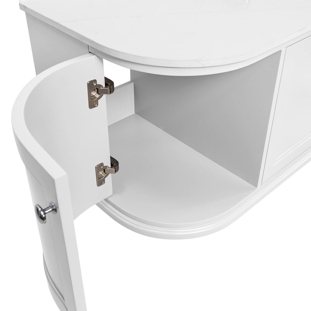 Kingsbury Classic Curved 1200mm Wall Hung Vanity Unit, Marble Worktop &amp; Ceramic Basin - White