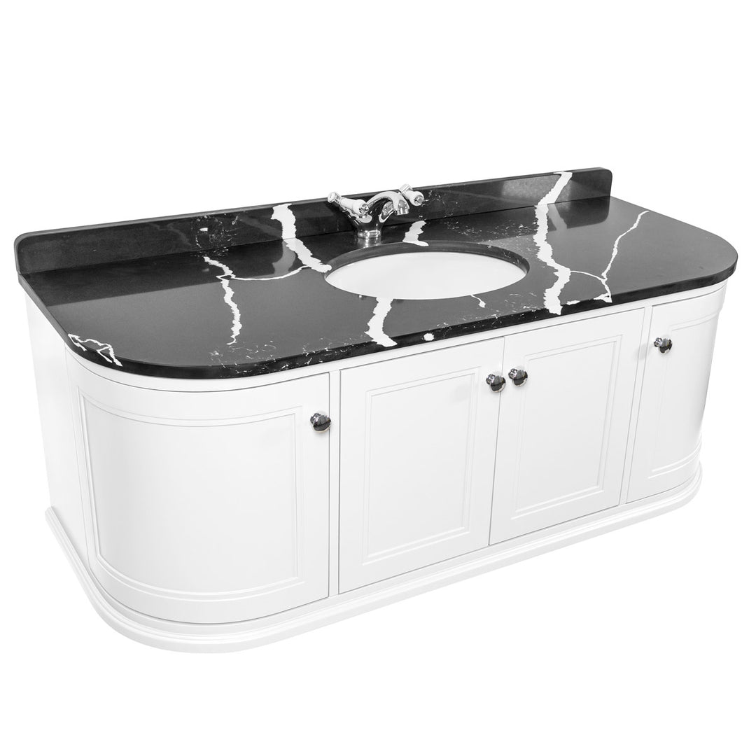 Kingsbury Classic Curved 1200mm Wall Hung Vanity Unit, Black Marble Worktop &amp; Ceramic Basin - White