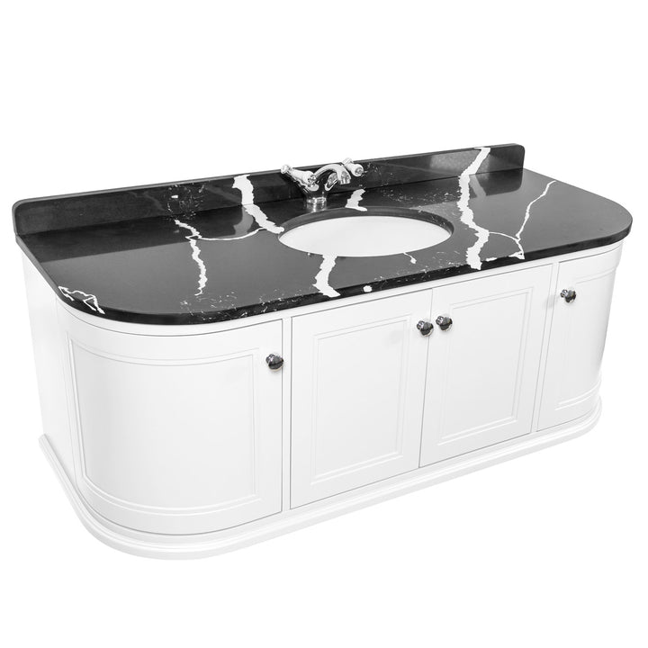Kingsbury Classic Curved 1200mm Wall Hung Vanity Unit, Black Marble Worktop &amp; Ceramic Basin - White