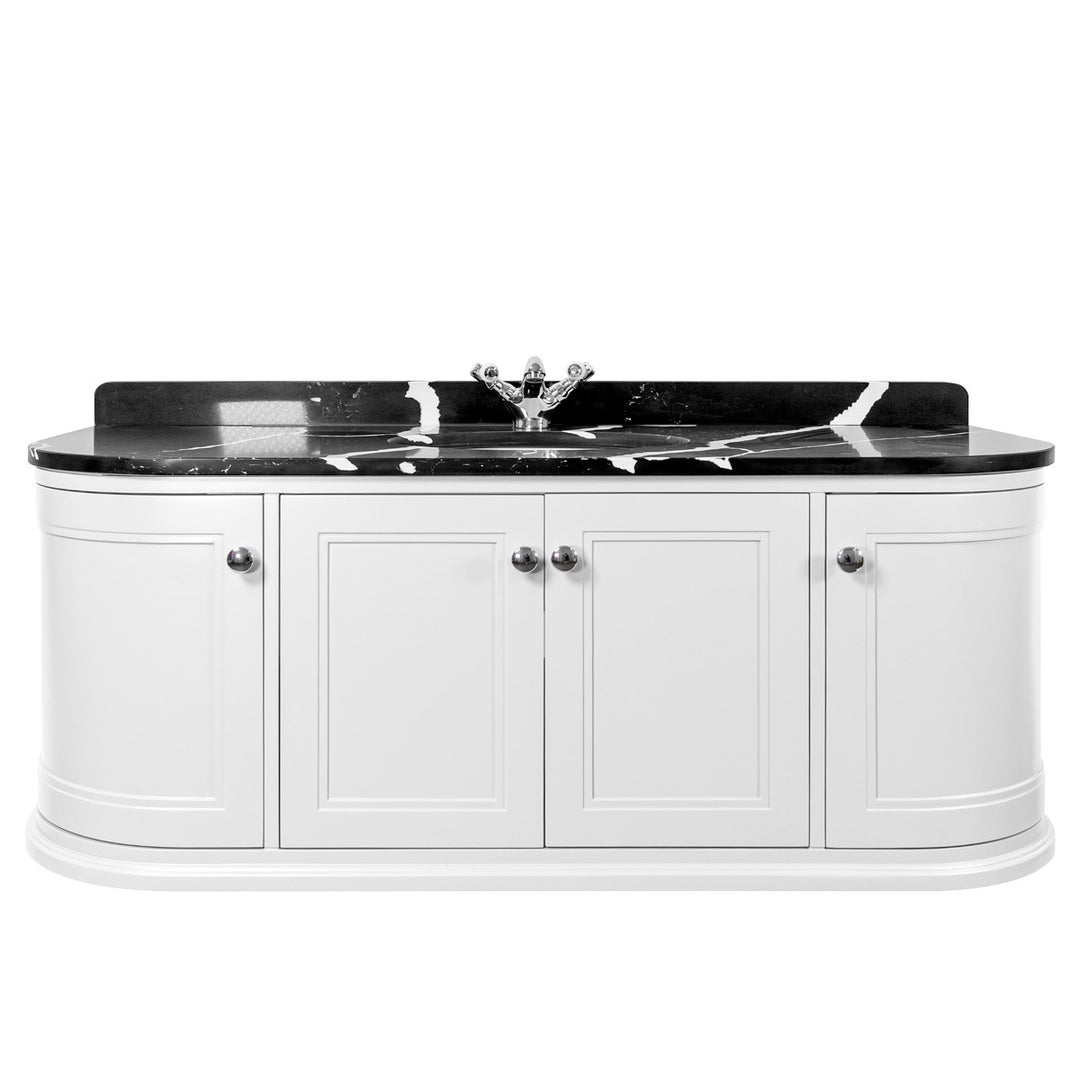 Kingsbury Classic Curved 1200mm Wall Hung Vanity Unit, Black Marble Worktop &amp; Ceramic Basin - White