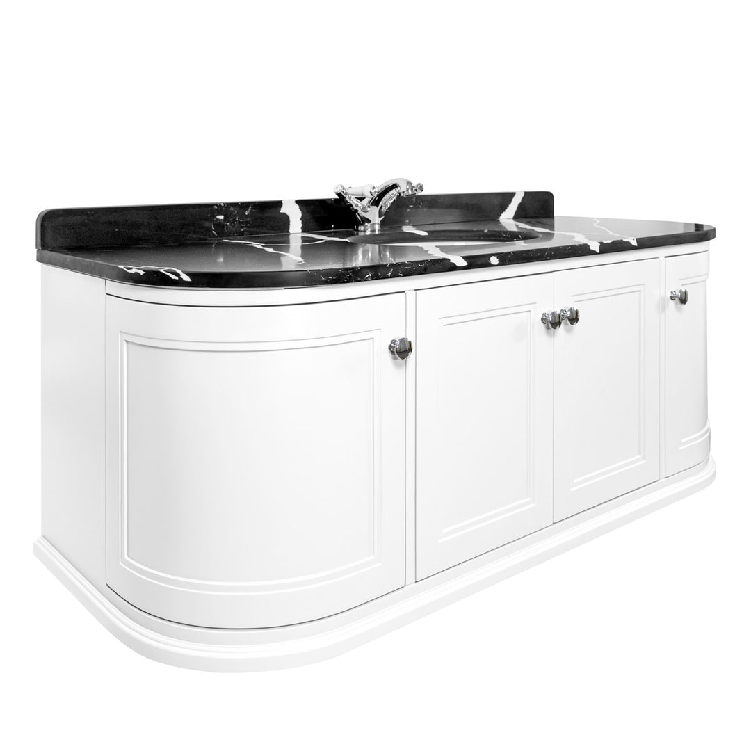 Kingsbury Classic Curved 1200mm Wall Hung Vanity Unit, Black Marble Worktop &amp; Ceramic Basin - White
