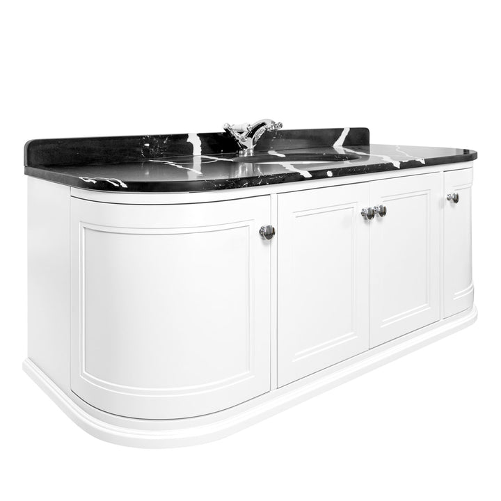 Kingsbury Classic Curved 1200mm Wall Hung Vanity Unit, Black Marble Worktop &amp; Ceramic Basin - White