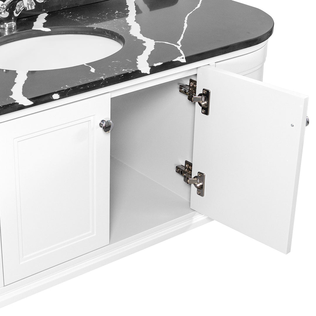 Kingsbury Classic Curved 1200mm Wall Hung Vanity Unit, Black Marble Worktop &amp; Ceramic Basin - White