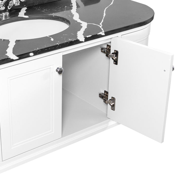 Kingsbury Classic Curved 1200mm Wall Hung Vanity Unit, Black Marble Worktop &amp; Ceramic Basin - White