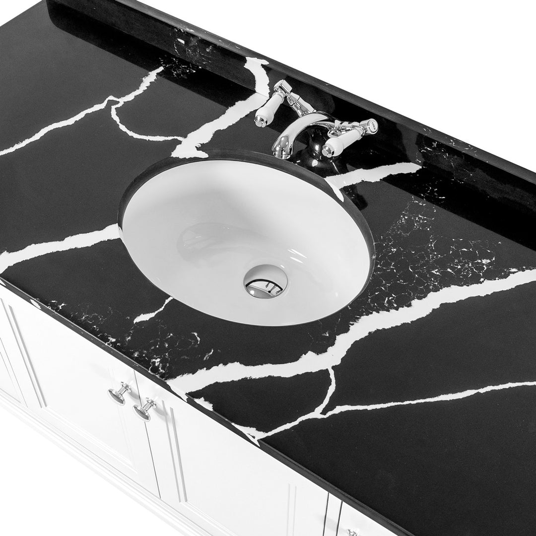 Kingsbury Classic Curved 1200mm Wall Hung Vanity Unit, Black Marble Worktop &amp; Ceramic Basin - White