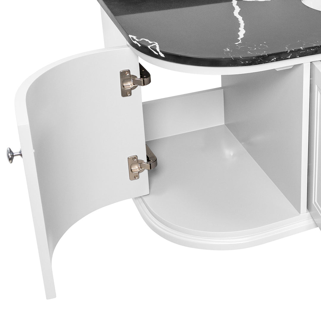 Kingsbury Classic Curved 1200mm Wall Hung Vanity Unit, Black Marble Worktop &amp; Ceramic Basin - White