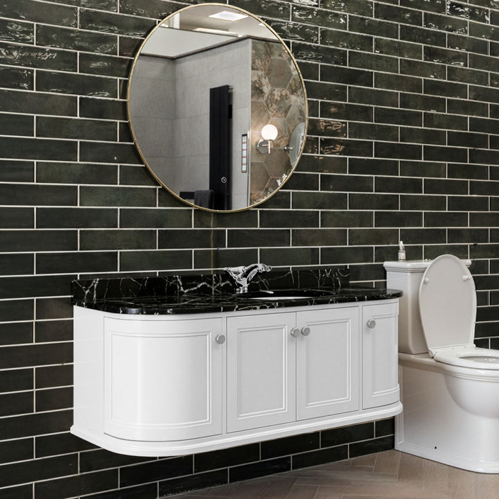 Kingsbury Classic Curved 1200mm Wall Hung Vanity Unit, Black Marble Worktop &amp; Ceramic Basin - White