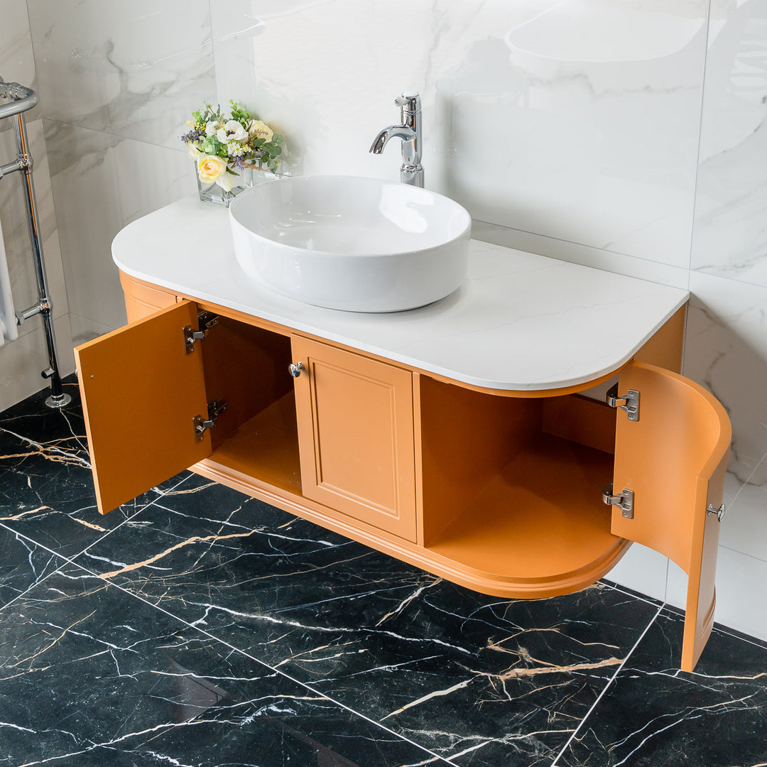 Kingsbury Classic Curved 1200mm Wall Hung Vanity Unit with Marble Worktop - Middle Buff