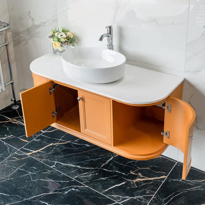 Kingsbury Classic Curved 1200mm Wall Hung Vanity Unit with Marble Worktop - Middle Buff