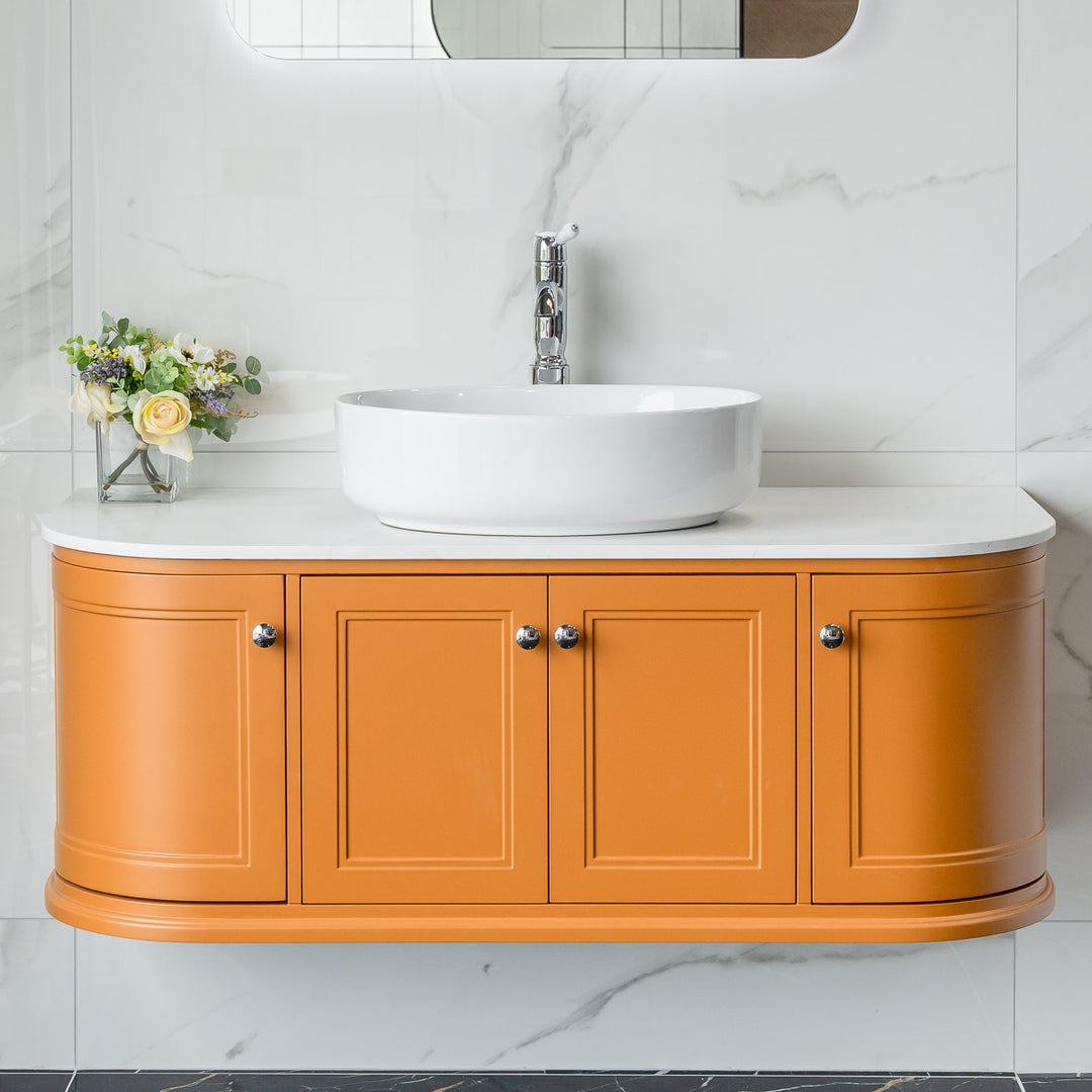 Kingsbury Classic Curved 1200mm Wall Hung Vanity Unit with Marble Worktop - Middle Buff