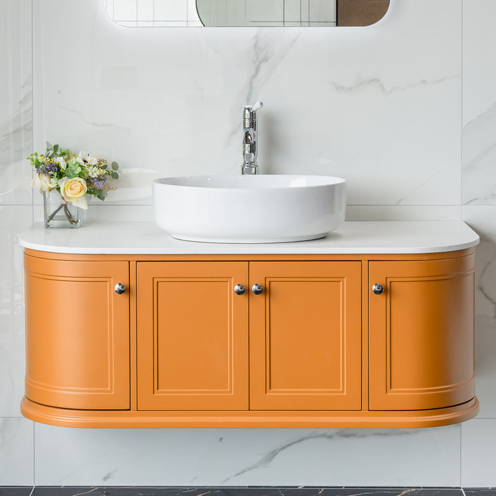 Kingsbury Classic Curved 1200mm Wall Hung Vanity Unit with Marble Worktop - Middle Buff