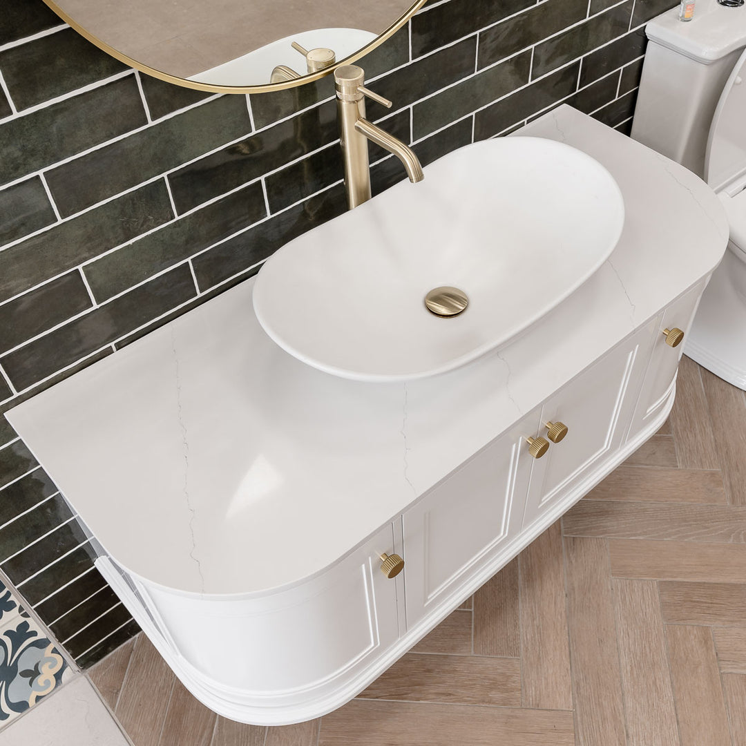Kingsbury 1200 Wall Hung Curved Vanity Unit &amp; Marble Worktop - White