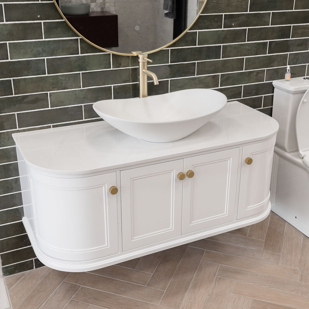 Kingsbury 1200 Wall Hung Curved Vanity Unit &amp; Marble Worktop - White