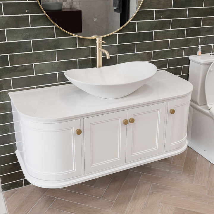Kingsbury 1200 Wall Hung Curved Vanity Unit &amp; Marble Worktop - White