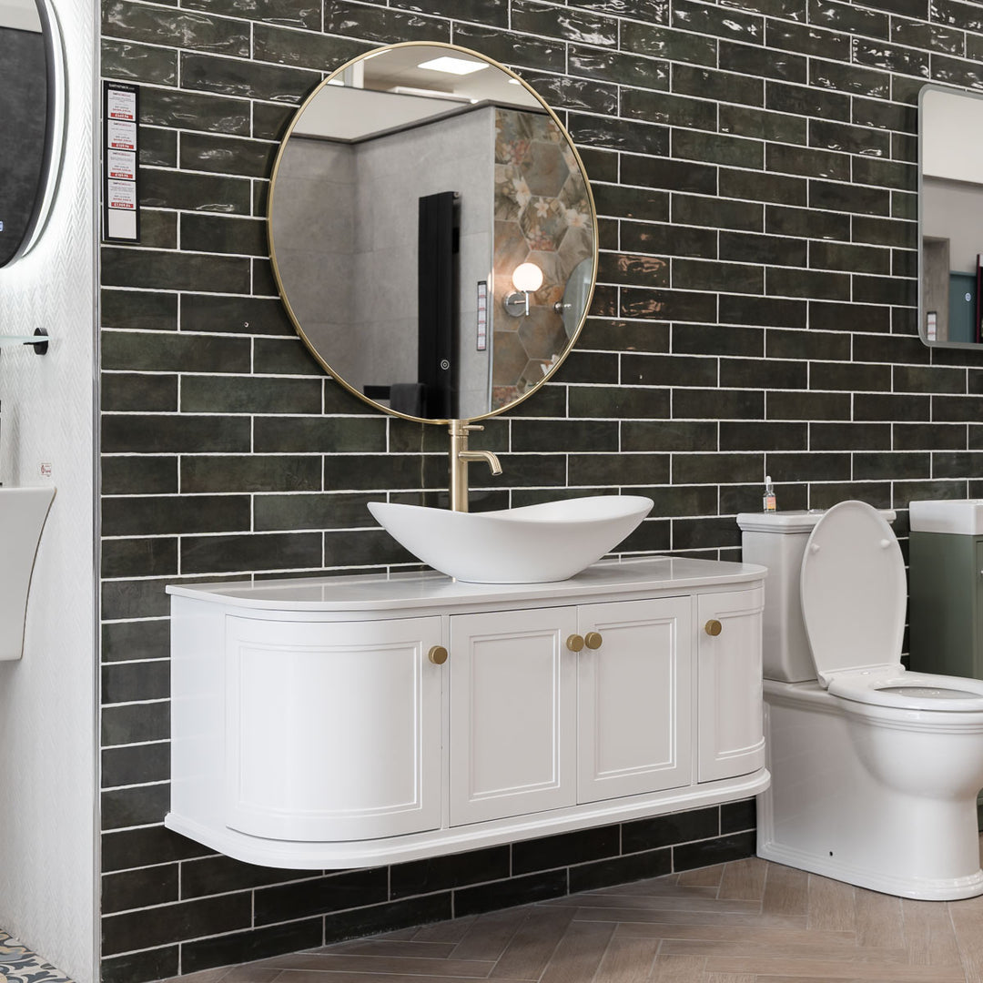 Kingsbury 1200 Wall Hung Curved Vanity Unit &amp; Marble Worktop - White