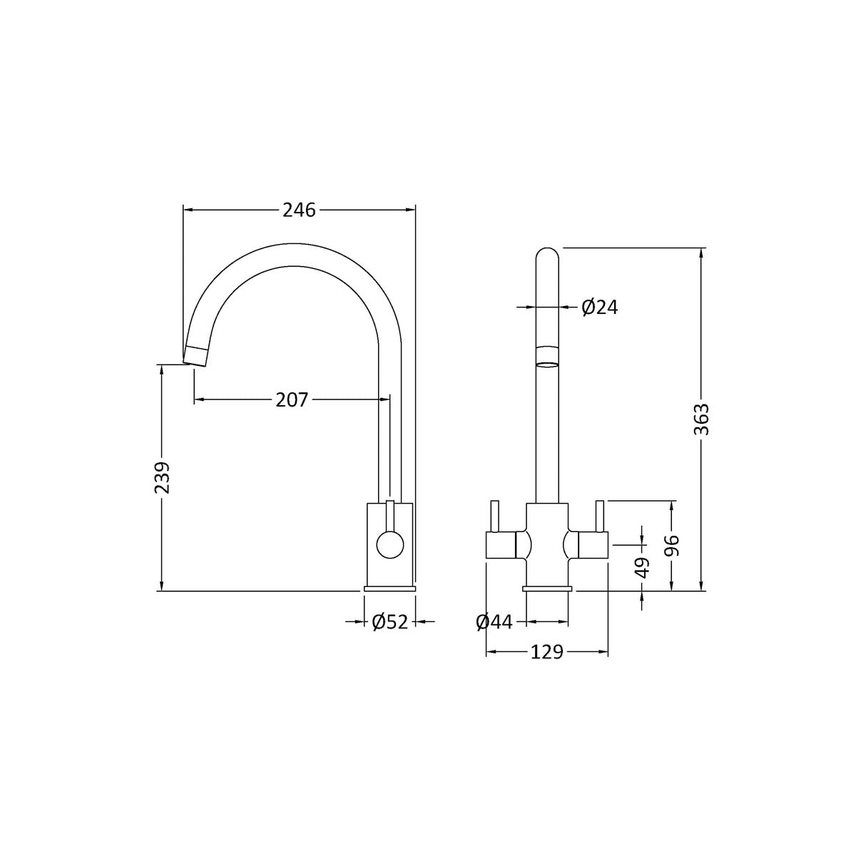 Nuie Lachen Mono Dual Lever Kitchen Tap - Brushed Brass - Technical drawing