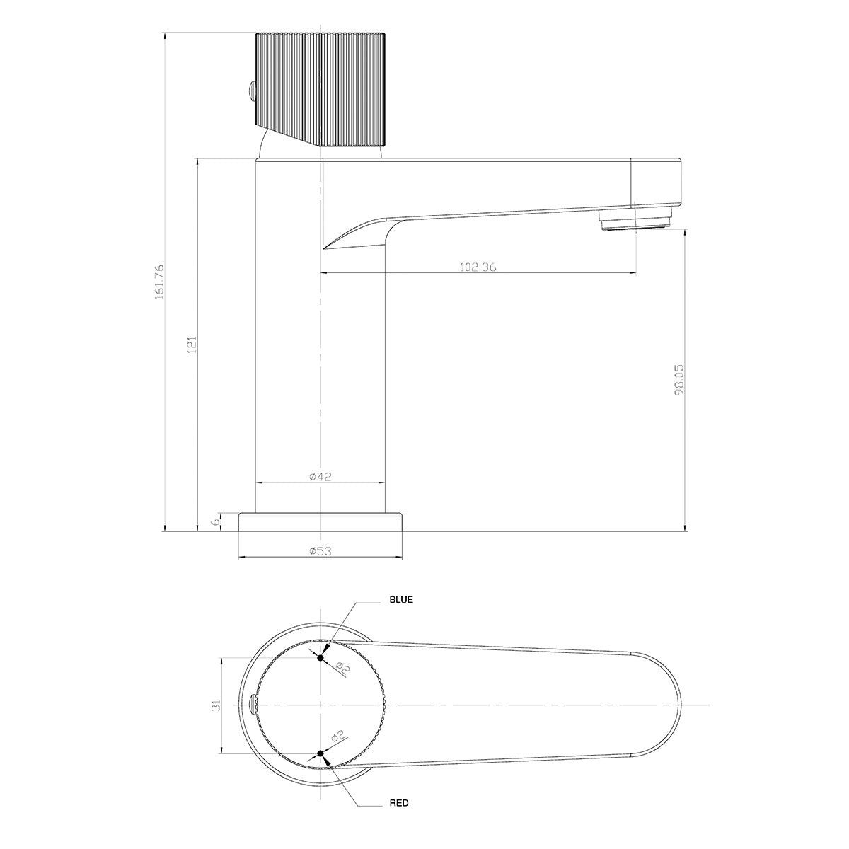 Koko Basin Mixer - Brushed Brass - Technical drawing