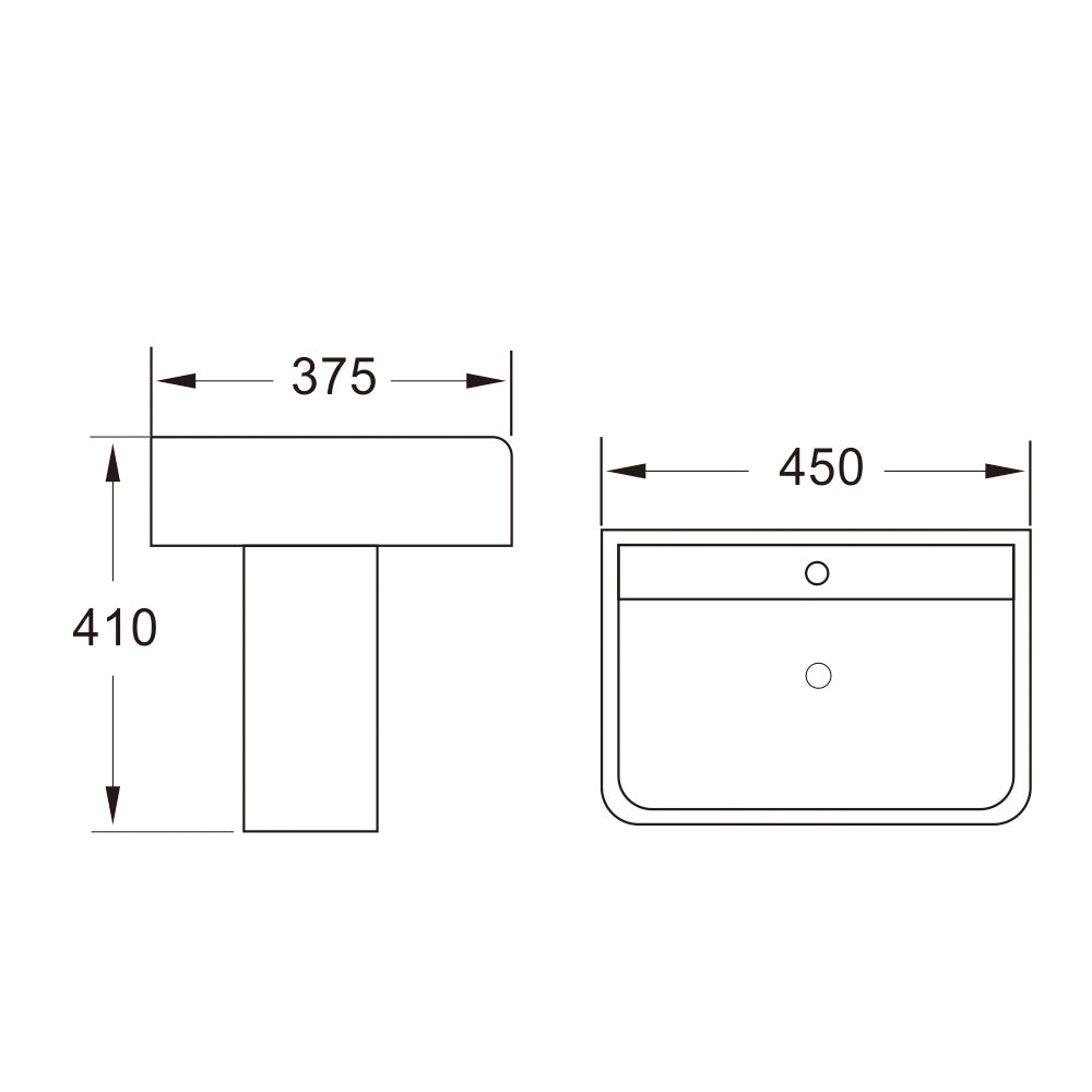 Linea Square 1 Tap Hole Basin & Semi Pedestal - 450mm - Technical drawing