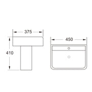 Linea Square 1 Tap Hole Basin & Semi Pedestal - 450mm - Technical drawing