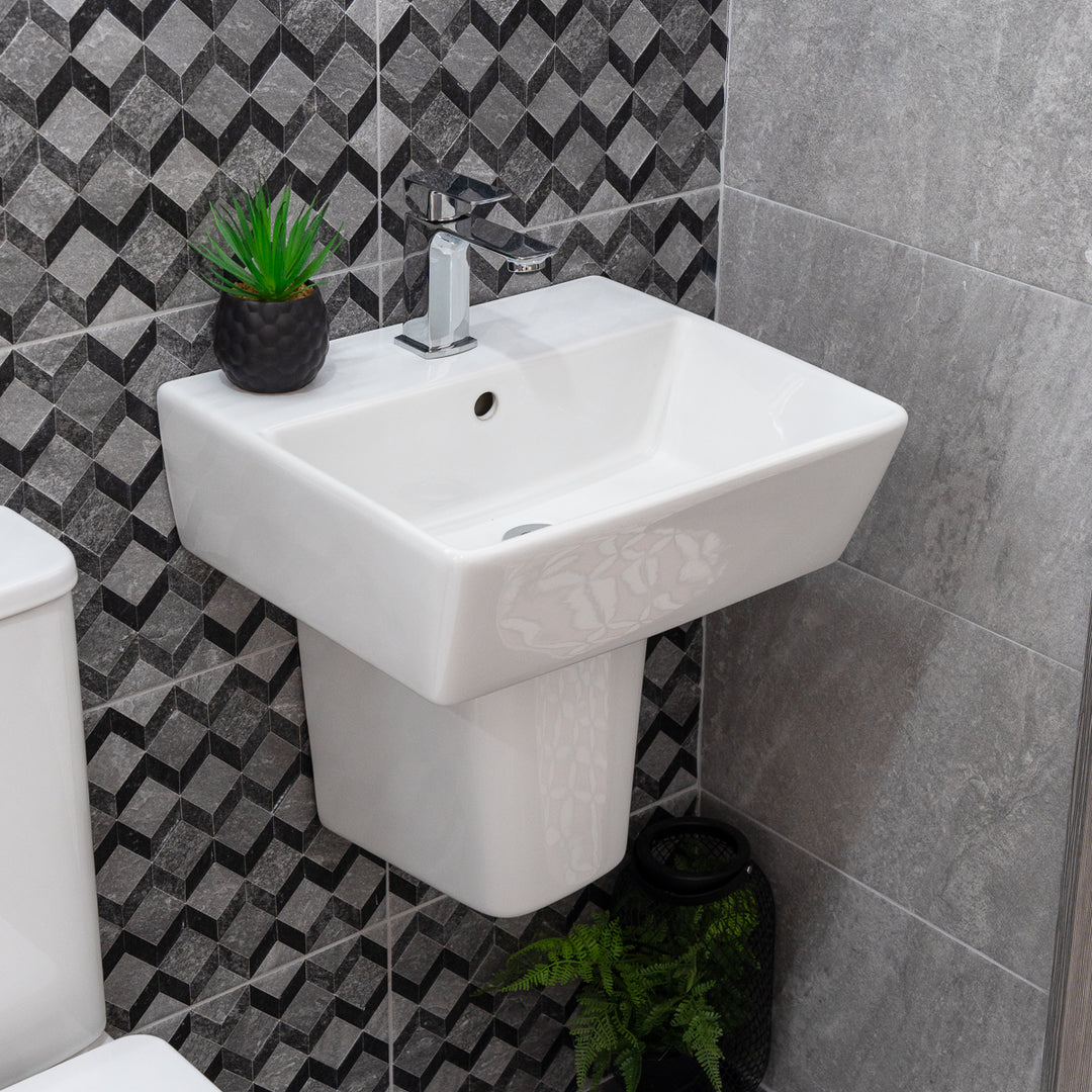 Linea Square 1 Tap Hole Basin &amp; Semi Pedestal - 450mm