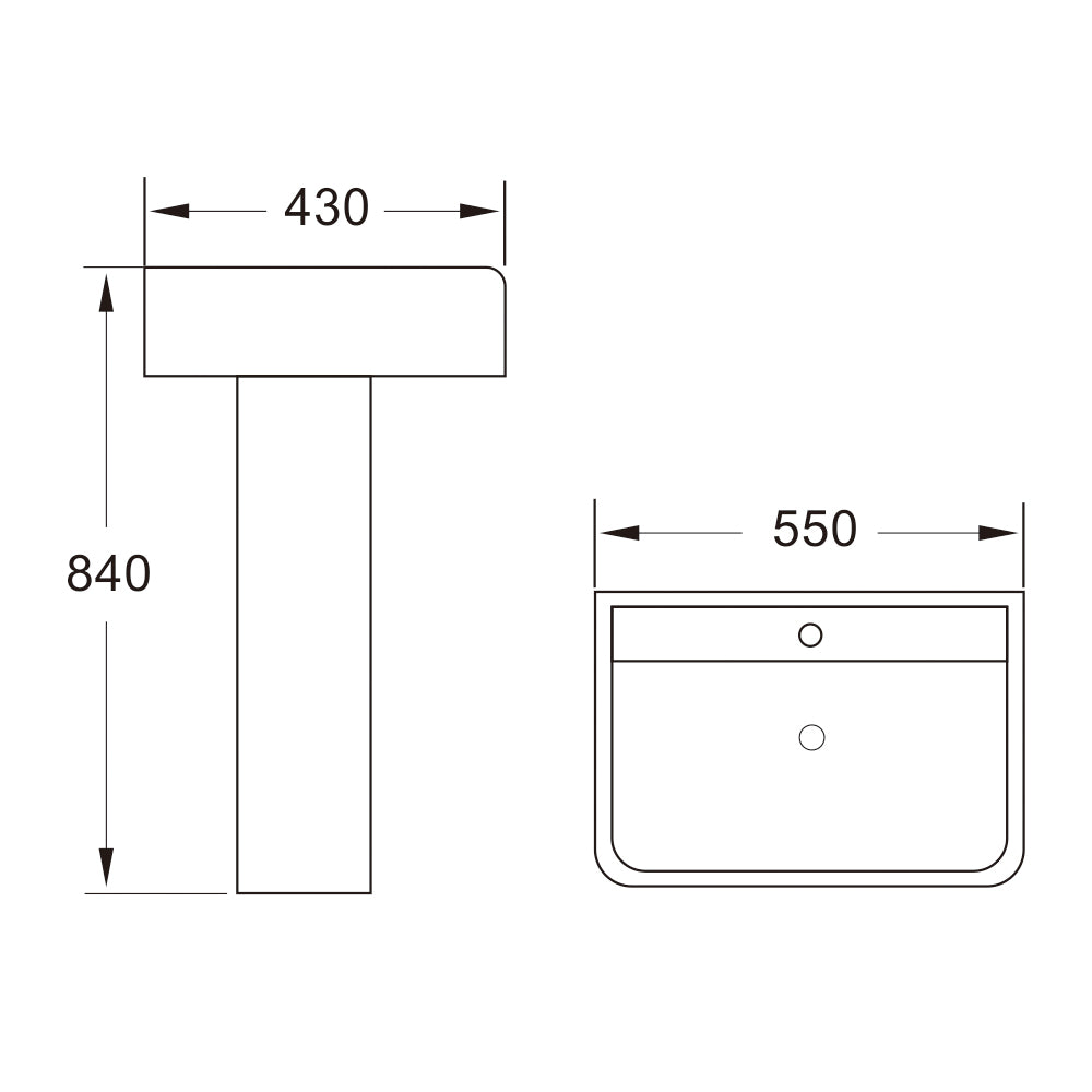 Linea Square 1 Tap Hole Basin & Full Pedestal - 550mm - Technical drawing