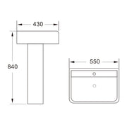 Linea Square 1 Tap Hole Basin & Full Pedestal - 550mm - Technical drawing