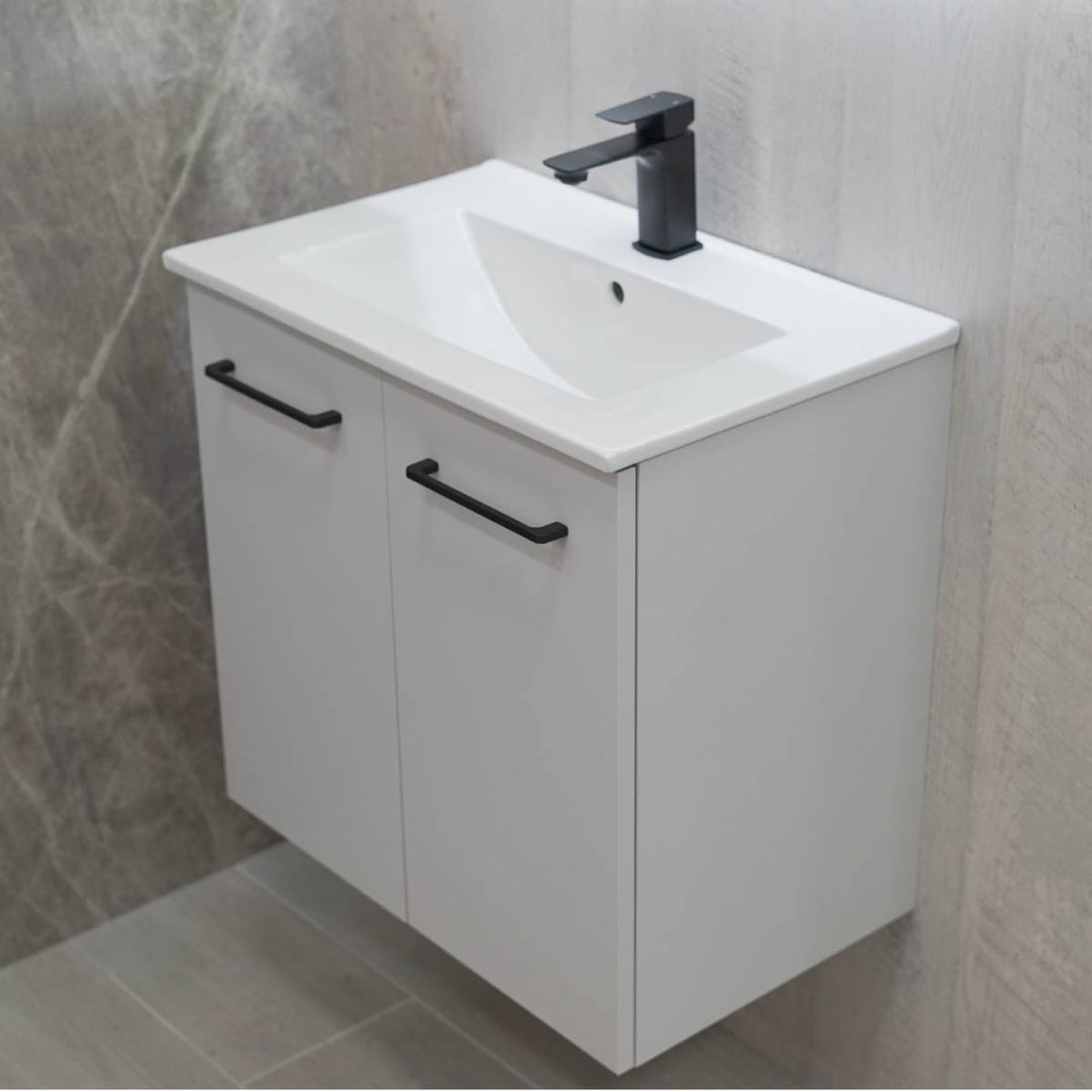 Linea 600mm Wall Hung Matt Grey Vanity Unit - Black Bundle