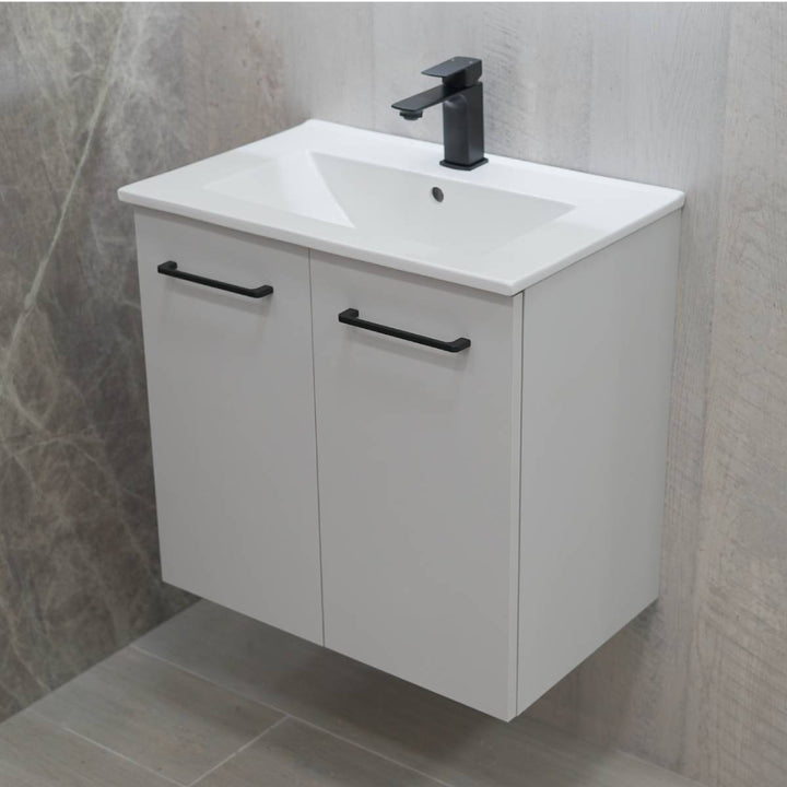 Linea 600mm Wall Hung Matt Grey Vanity Unit - Black Bundle