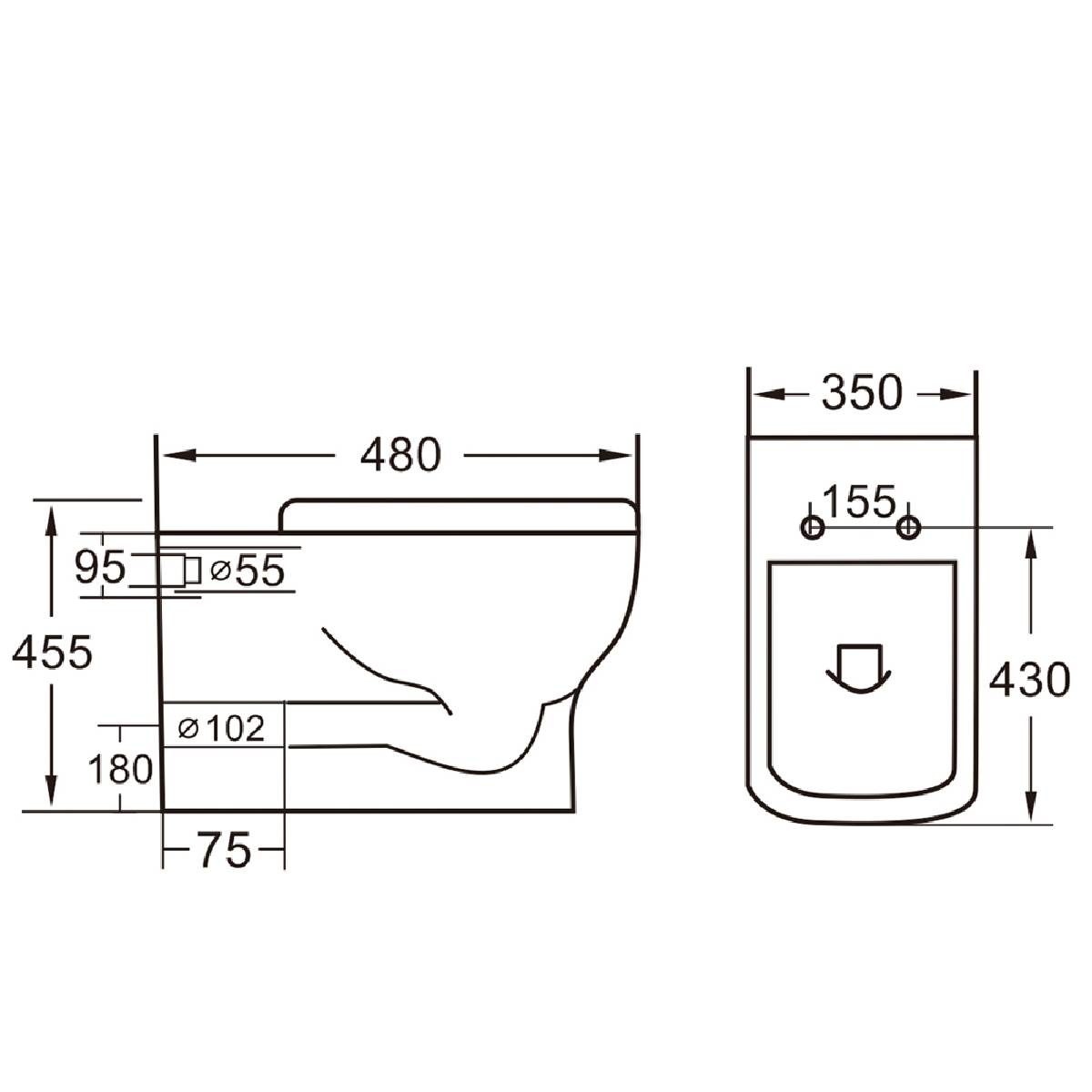 Linea Comfort Height Rimless Back to Wall Toilet & Soft Close Seat - Technical drawing