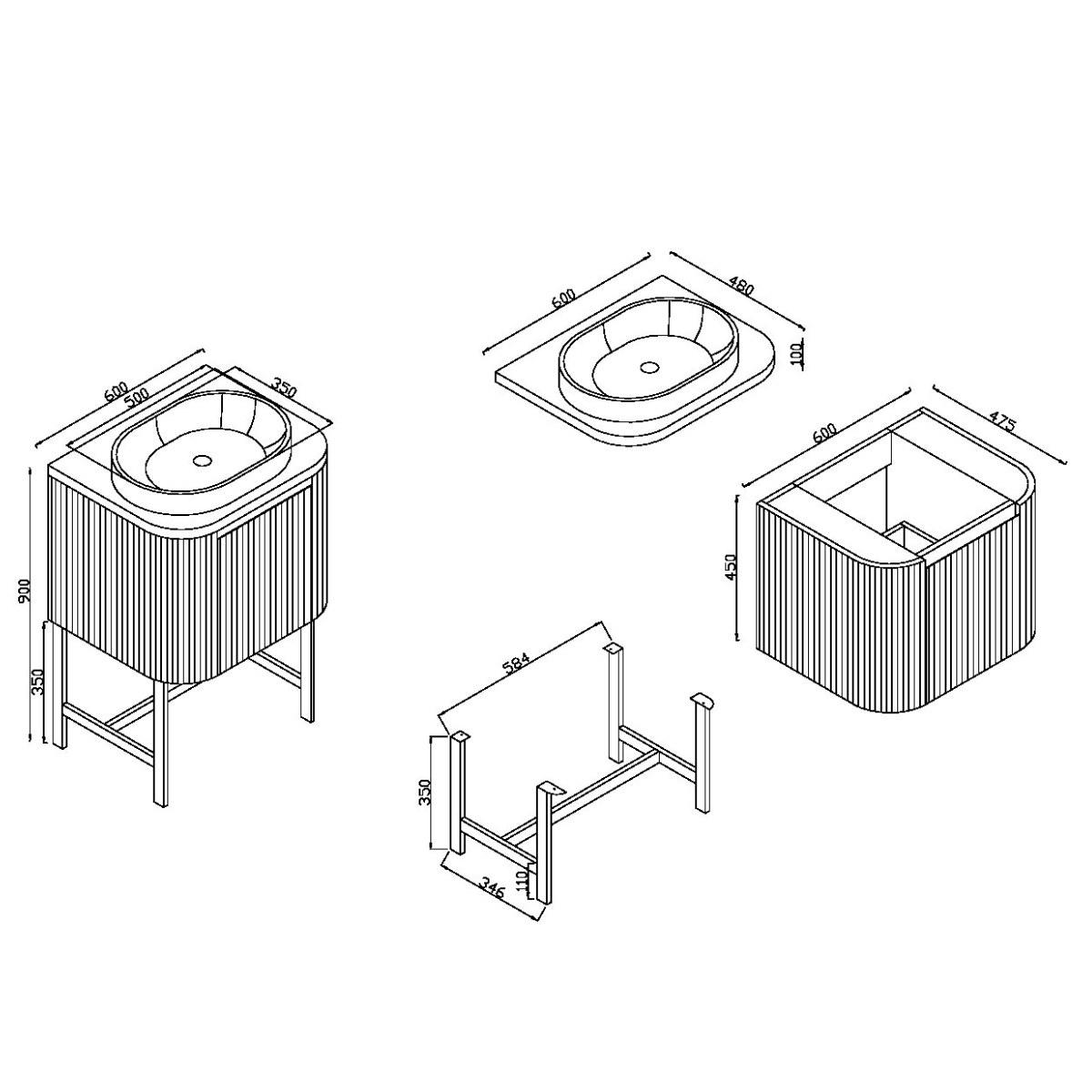 Linea 600mm Oak Vanity Unit with Countertop and Brushed Brass Frame - Technical drawing