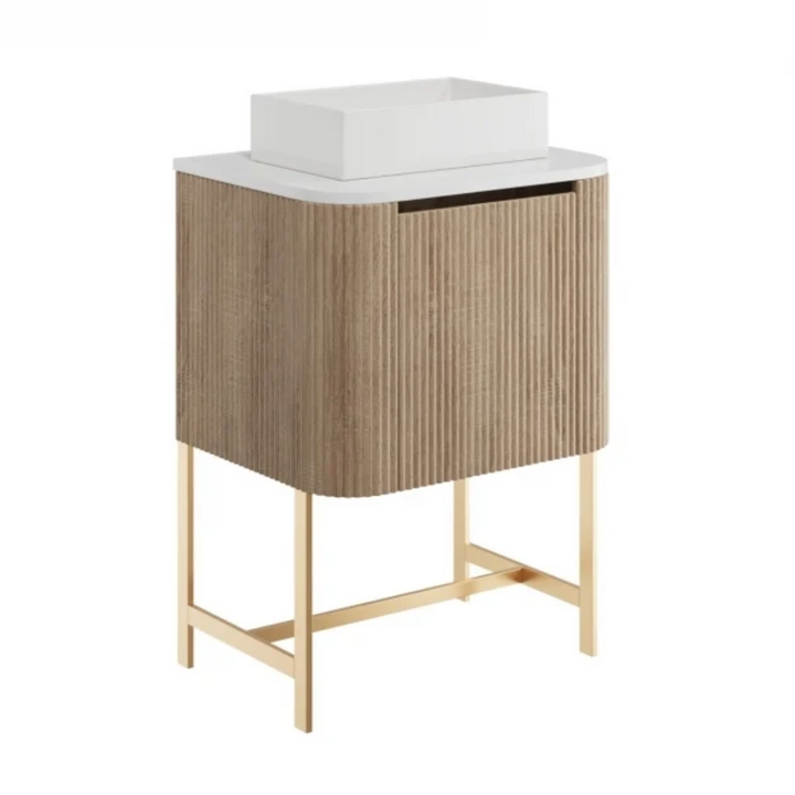 Linea 600mm Oak Vanity Unit with Countertop and Brushed Brass Frame