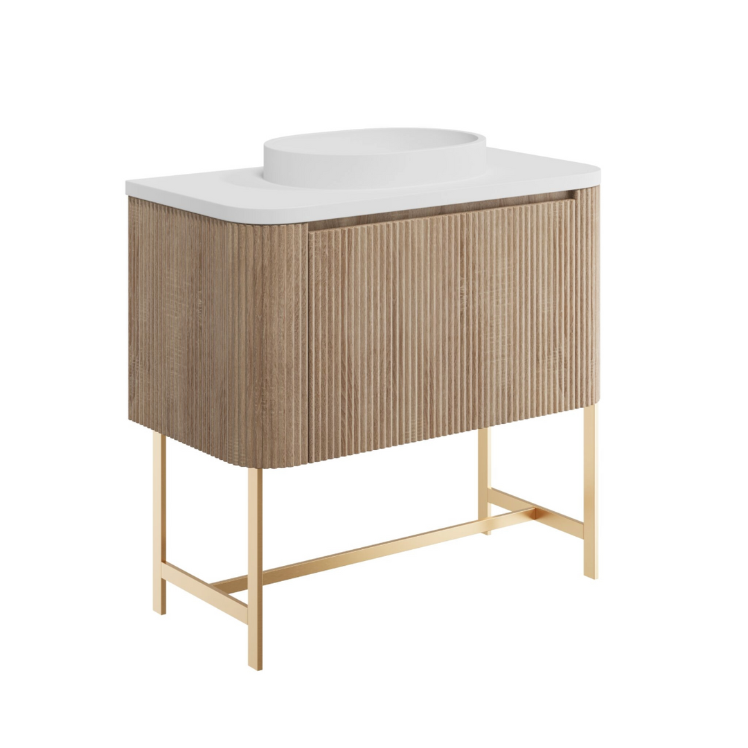 Linea 900mm Oak Vanity Unit with Basin and Brushed Brass Frame