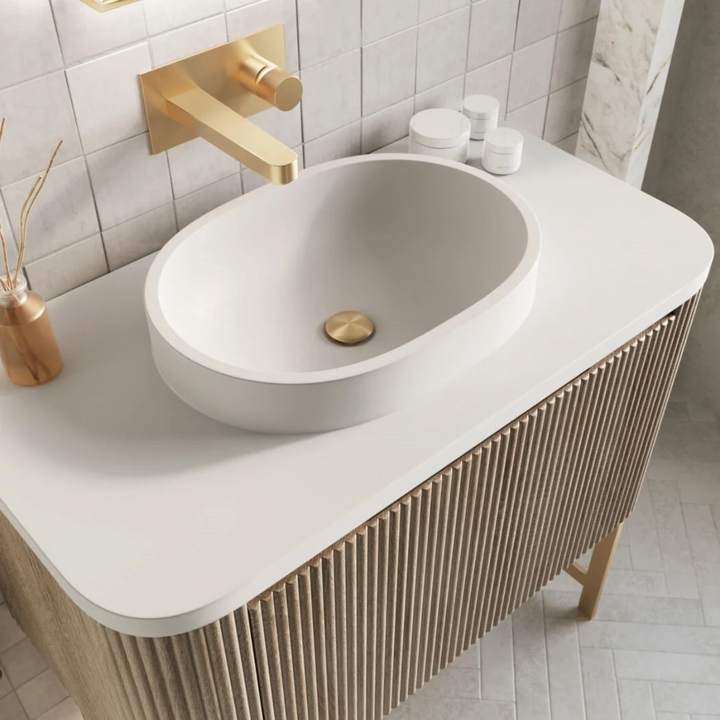 Linea 900mm Oak Vanity Unit with Basin and Brushed Brass Frame