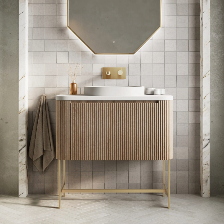 Linea 900mm Oak Vanity Unit with Basin and Brushed Brass Frame