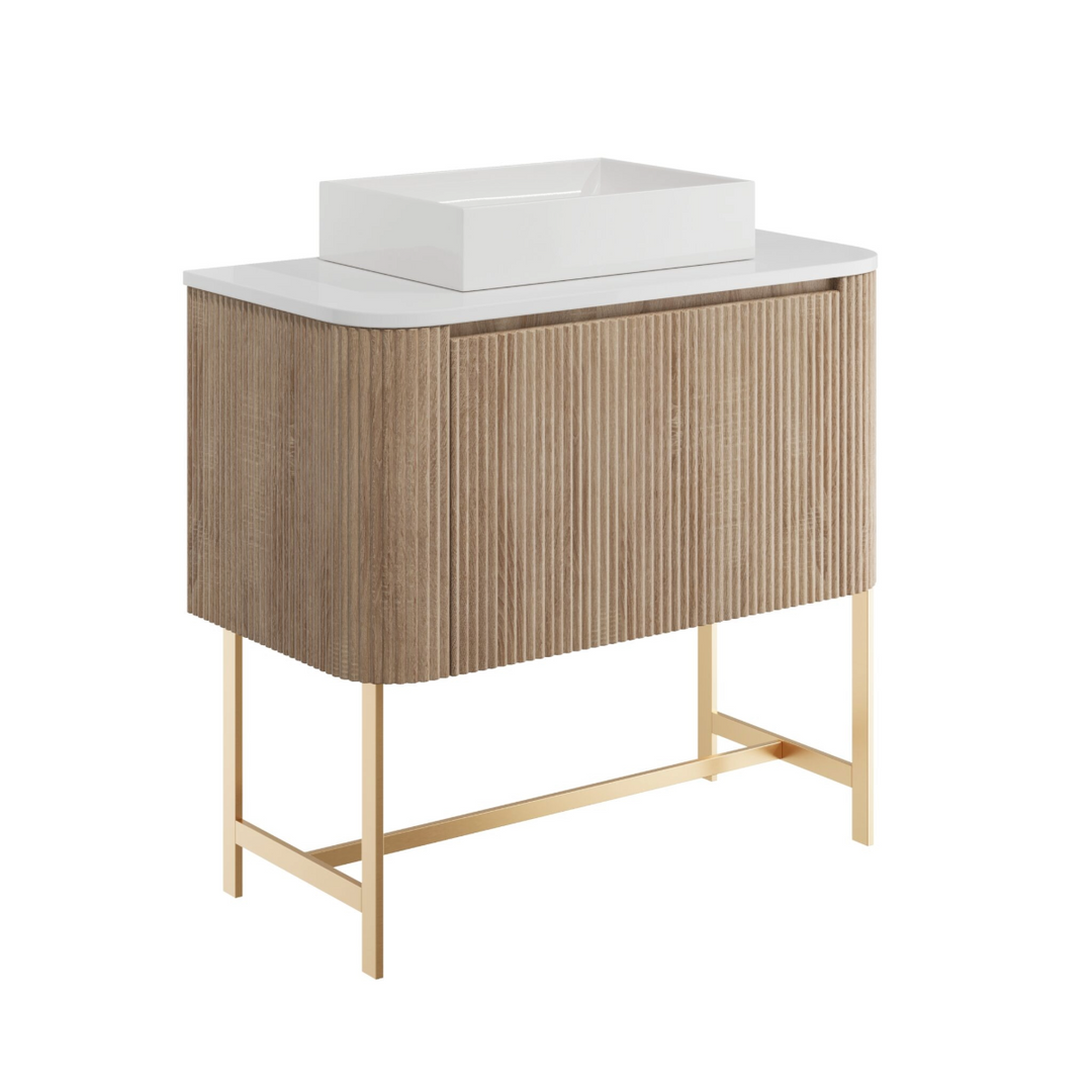 Linea 900mm Oak Vanity Unit with Countertop and Brushed Brass Frame