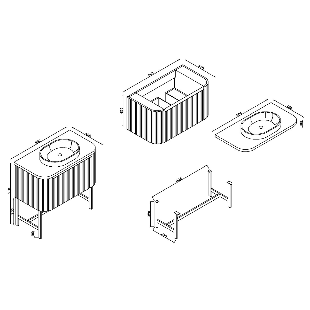 Linea 900mm Oak Vanity Unit with Countertop - Technical drawing