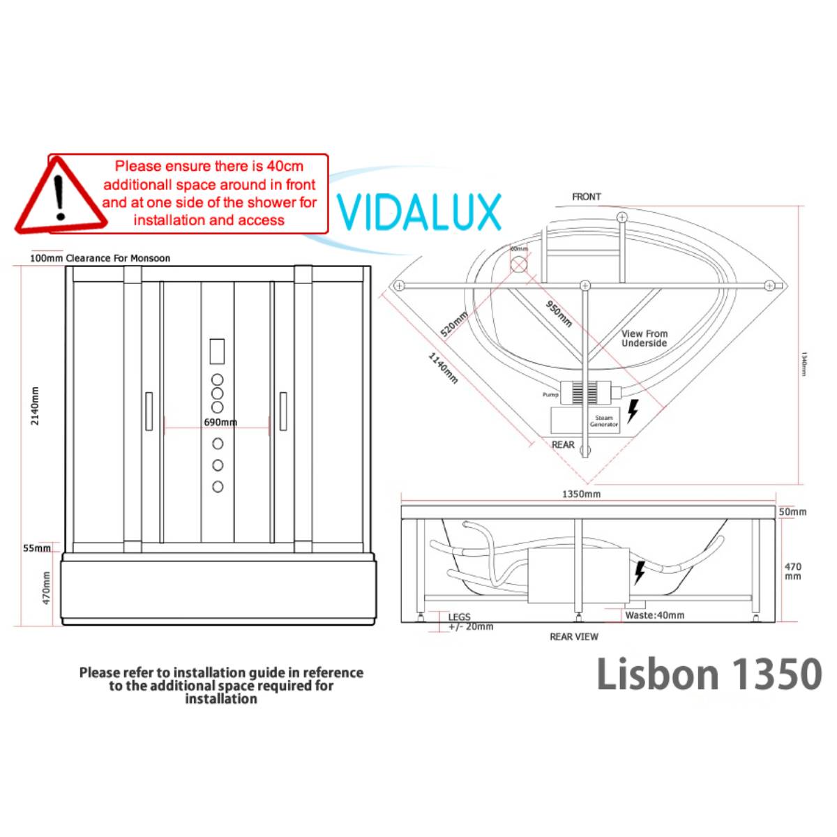 Vidalux Lisbon 1350mm Whirlpool Steam Shower - Black - Technical drawing